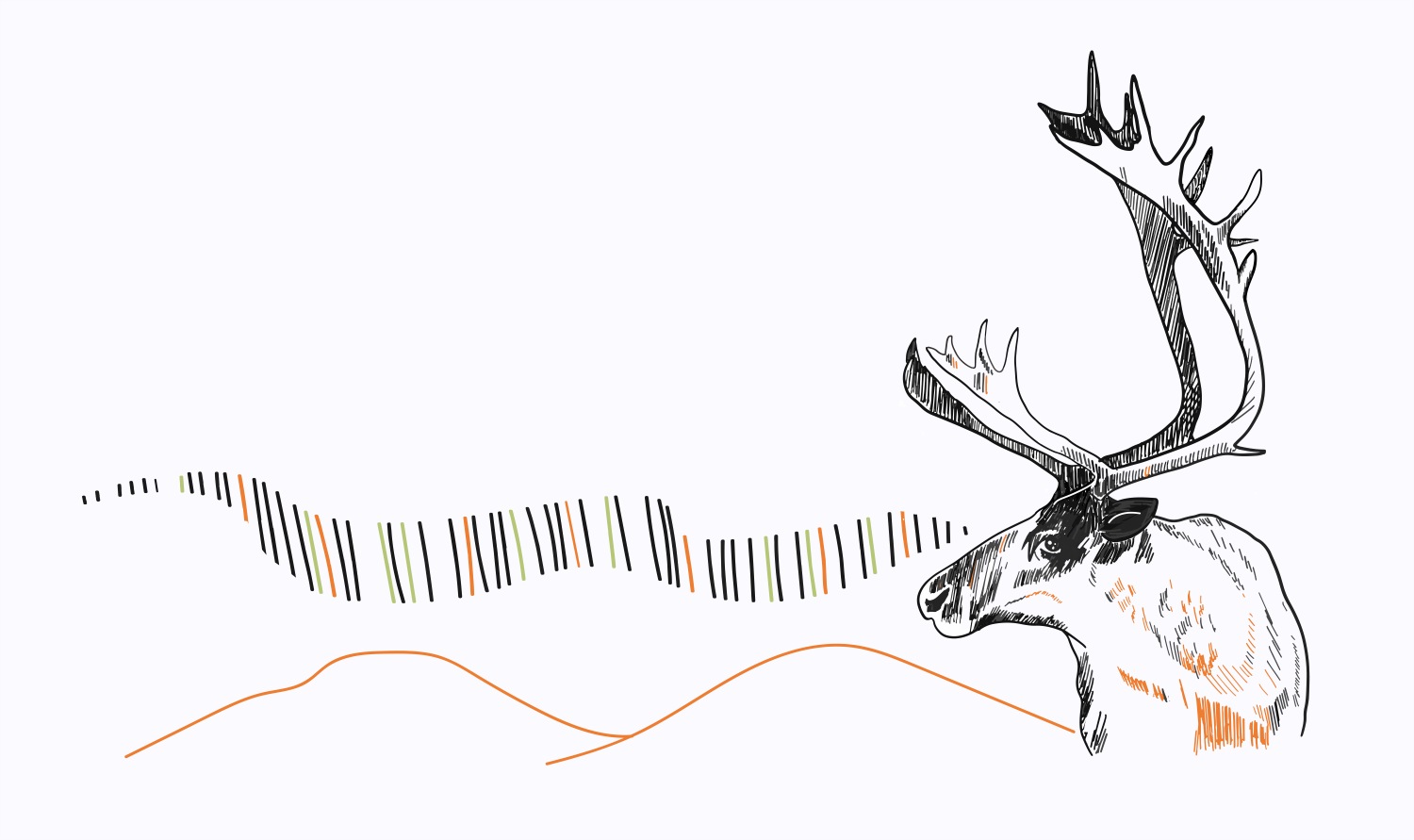 Piirroskuvitus porosta, tuntureista ja revontulista.