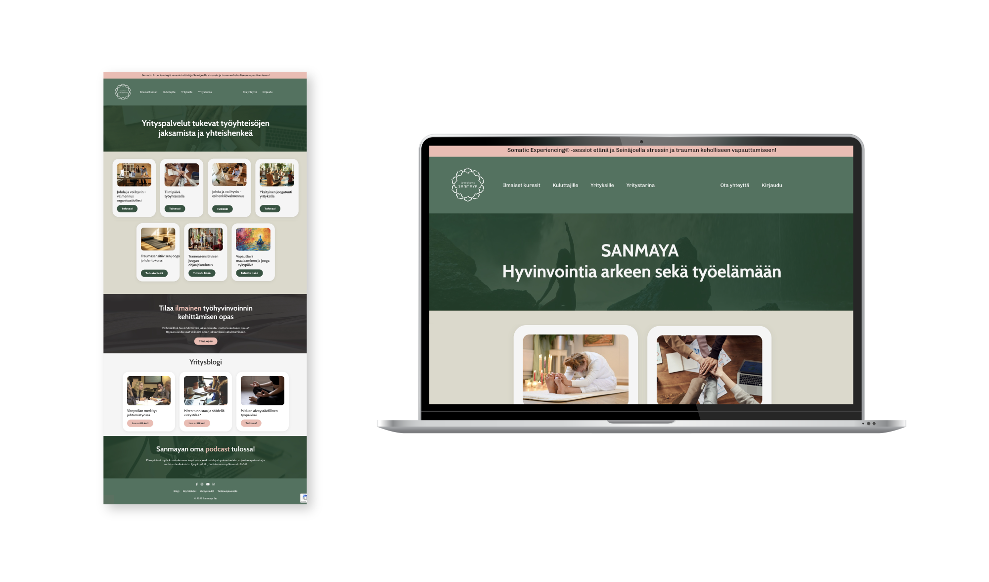 Portfoliokuva joogayrityksen yritysilmeestä, jossa ote verkkosivujen layoutista.