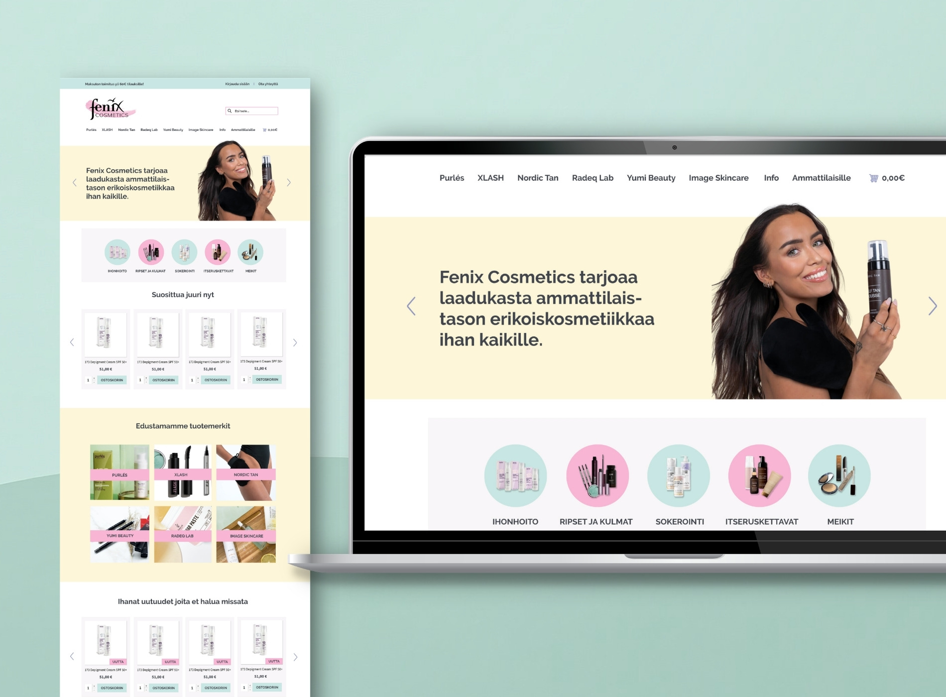 WordPress-kotisivujen layout kosmetiikan verkkokaupalle.